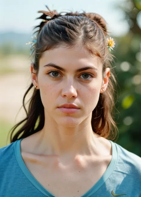 A stunning intricate color close up portrait of (alexandradaddario-ti:1) , wearing sportwear, epic character composition, sharp focus, natural lighting, subsurface scattering, f2, 35mm, film grain, , by Dorothea Lange