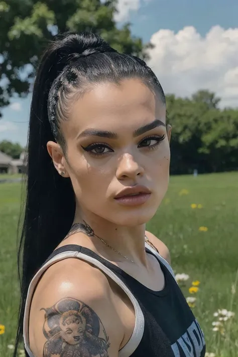 a woman with a tattoo on her arm standing in a field