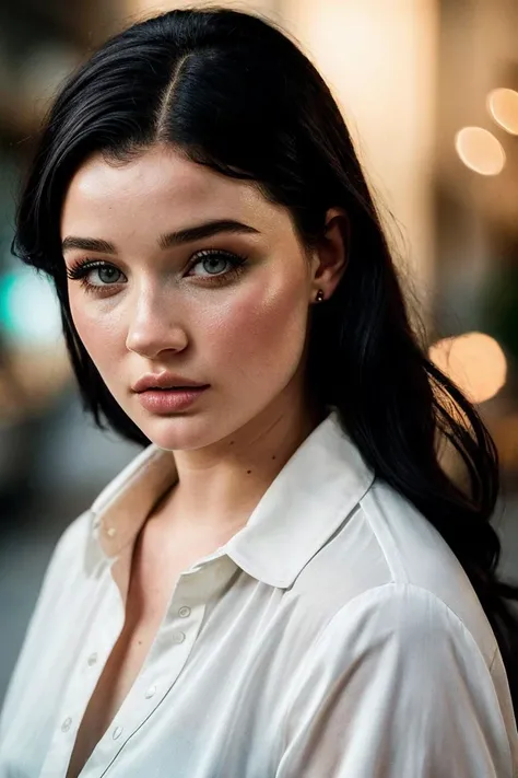 a close up of a woman with long black hair wearing a white shirt