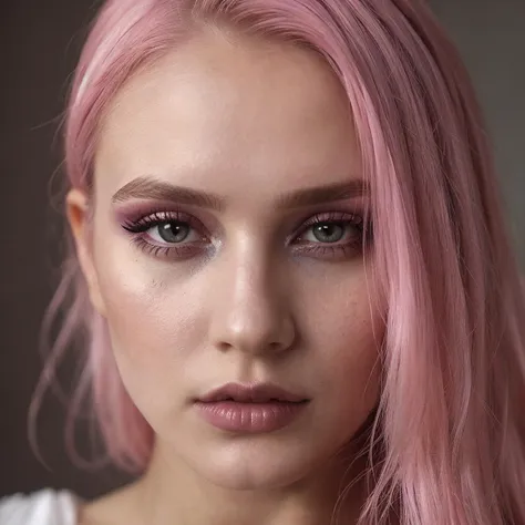 a woman with pink hair and a white shirt is posing for a picture