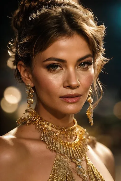 a close up of a woman wearing a gold dress and a necklace