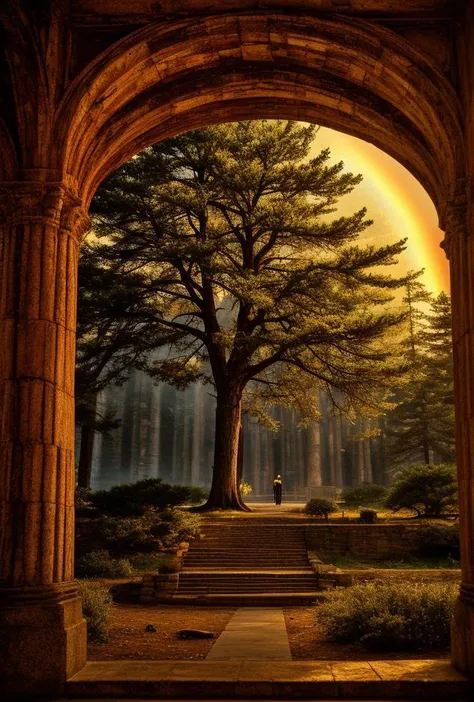 a tree is in the middle of a stone archway