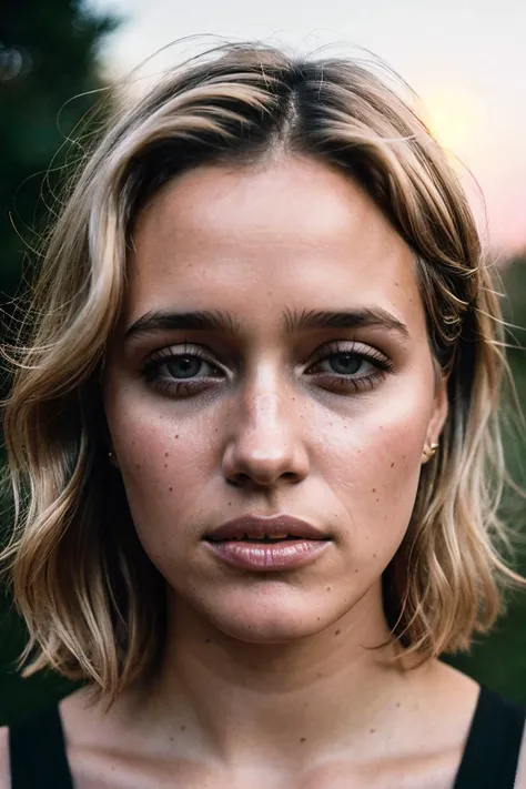 a close up of a woman with a black top and a black top