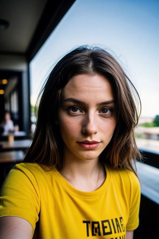 a close up of a woman with a yellow shirt looking at the camera