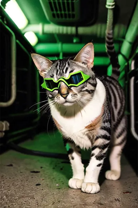 award-winning photography,photo of a cat wearing nightvision goggles and sneaking through vents,Tom Clancy book cover