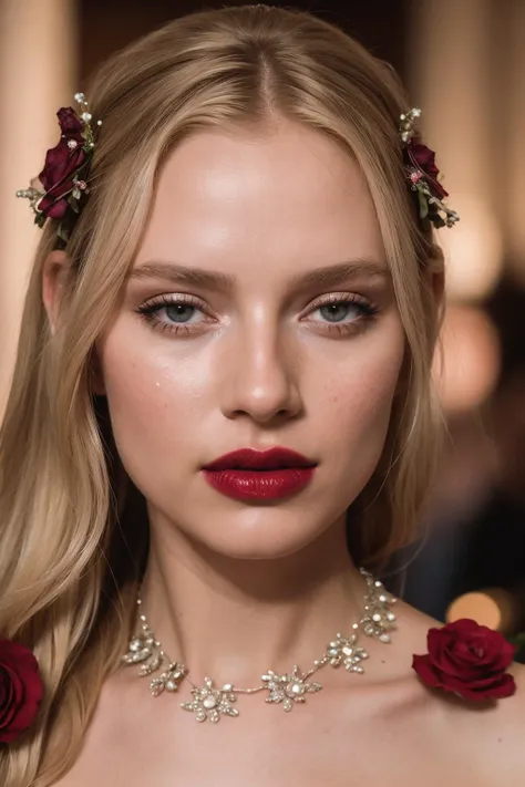 a woman with a red rose in her hair and a necklace