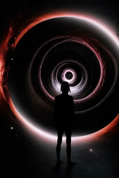 a person standing in front of a black hole with a red light