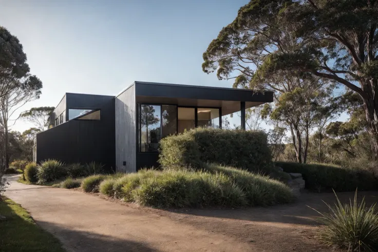 Australian modern architecture, detailed interior in the windows, concrete and blackboard facade, clearing, australian trees, detailed leaves on trees and bushes, 
realistic australian bushes in the foreground, detailed smooth transition from soil to grass...