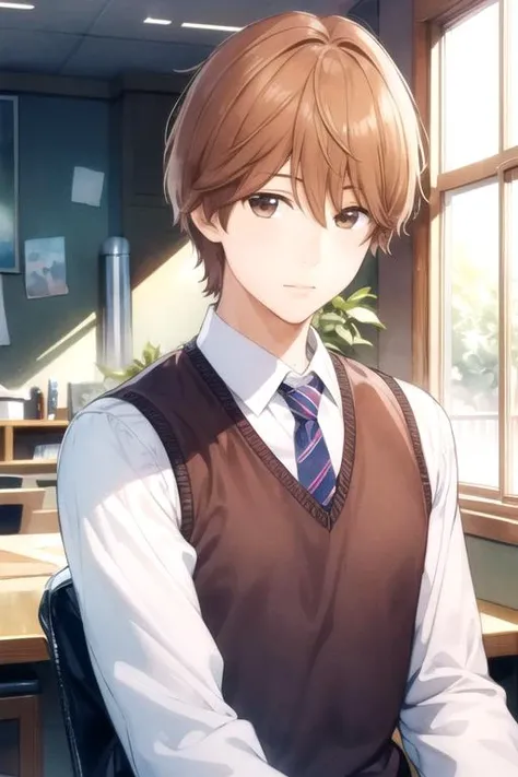 masterpiece, best quality, game cg, 1boy, solo, male focus, looking at viewer, upper body, depth of field, (watercolor illustration, soft pastel colors:1.1), , <lora:makoto_sunakawa:0.68>, makoto_sunakawa, brown hair, brown eyes, waistcoat, , science ficti...