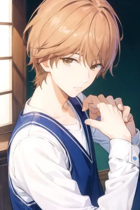 masterpiece, best quality, game cg, 1boy, solo, male focus, looking at viewer, upper body, , , , <lora:makoto_sunakawa:0.72>, makoto_sunakawa, brown hair, brown eyes, , ,