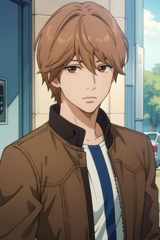 masterpiece, best quality, movie still, 1boy, solo, male focus, looking at viewer, upper body, , anime coloring, , <lora:makoto_sunakawa:0.68>, makoto_sunakawa, brown hair, brown eyes, biker costume, court,