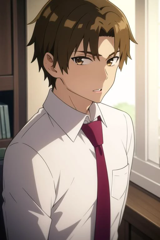 masterpiece, best quality, high quality, 1boy, solo, male focus, looking at viewer, upper body, <lora:matsuyuki_atsumu:0.74>, matsuyuki_atsumu, brown hair, brown eyes, white shirt, necktie, collared shirt, ,