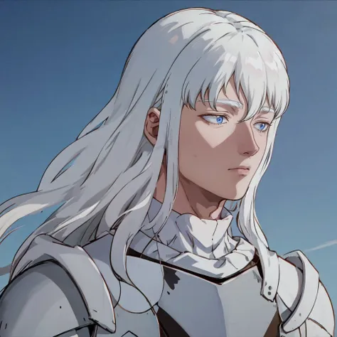 a woman with white hair and blue eyes in armor