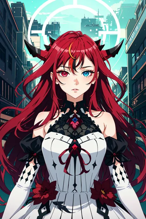 best quality, intricate details, 
1girl, Irys (hololive),  white dress, detached sleeves, (dichromia red and blue eyes), (long red hair:1.2), heterochromia, multicolored eyes, horns, halo,  <lora:Irys768-000012:1>
 <lora:bisquedoll_anime_style_offset:0.8>