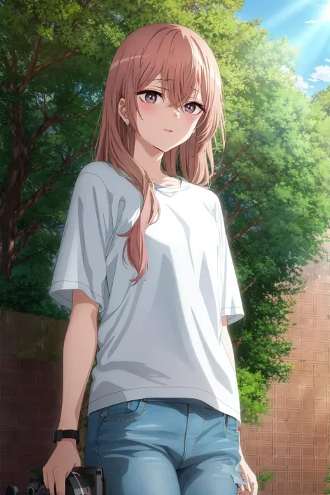 inui sajuna, white t-shirt, jeans, urban, sunlight, complex detailed background, holding camera, masterpiece, best quality, highly detailed, bisquedoll anime style, cowboy shot, <lora:myDressUpDarling_v40b:0.8>,  <lora:bisquedoll_anime_style_offset:0.8>