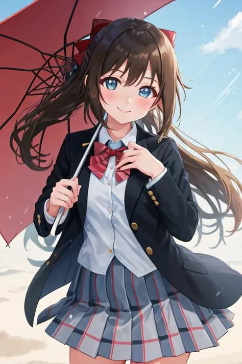 best quality, masterpiece, highres, solo, {ousaka_shizuku_loveliveschoolidolfestivalallstars:1.15}, brown_hair, blue_eyes, long_hair, bangs, bow, sidelocks, hair_bow, hair_between_eyes, blush, smile, half_updo, 1girl, blazer, collared_shirt, jacket, long_s...