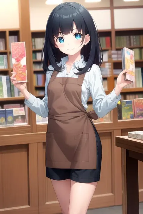 a woman in a library holding a book and a book