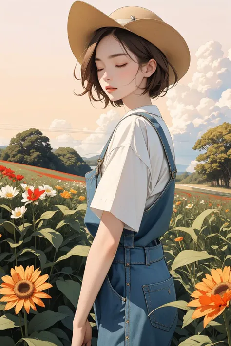 a woman in overalls and a hat standing in a field of flowers