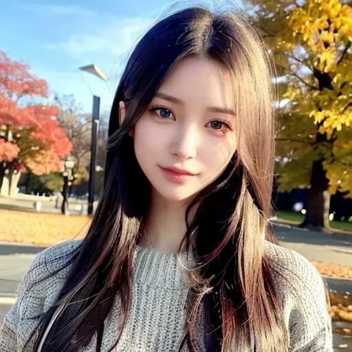 a close up of a woman with long hair standing in a park