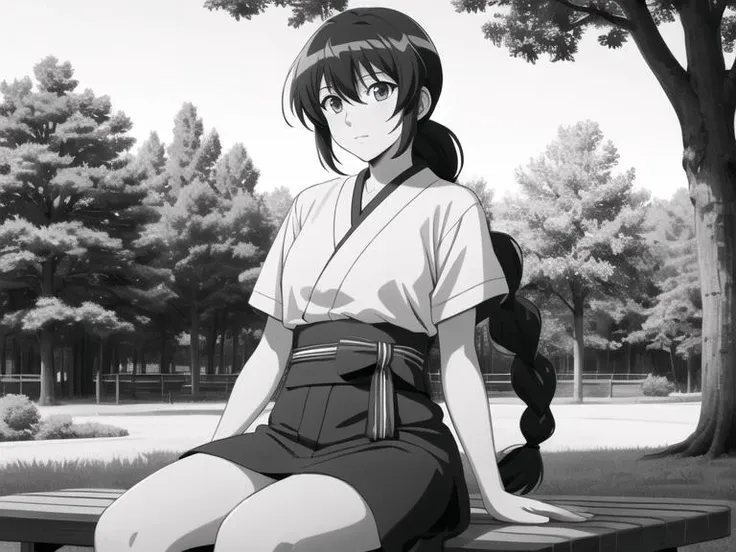 anime girl sitting on a bench in a park with trees