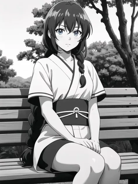 anime girl sitting on a bench in a park with trees in the background