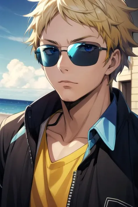 masterpiece, best quality, movie still, 1boy, solo, male focus, looking at viewer, , depth of field, anime coloring, , <lora:birthday_hamatora:0.74>, birthday_hamatora, blonde hair, blue eyes, sunglasses, , , 16k resolution