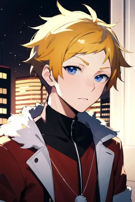 masterpiece, best quality, sketch, 1boy, solo, male focus, looking at viewer, upper body, depth of field, , , <lora:birthday_hamatora:0.70>, birthday_hamatora, blonde hair, blue eyes, , santa claus costume, skyscraper,