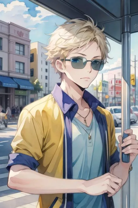 masterpiece, best quality, , 1boy, solo, male focus, looking at viewer, upper body, , (watercolor illustration, soft pastel colors:1.1), , <lora:birthday_hamatora:0.70>, birthday_hamatora, blonde hair, blue eyes, sunglasses, teddy bear costume, bus stop,