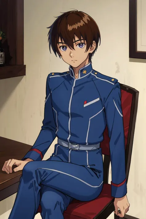 masterpiece, best quality, highres, solo male kira yamato, military uniform <lora:kira_yamato:1> sitting on chair, crossed legs