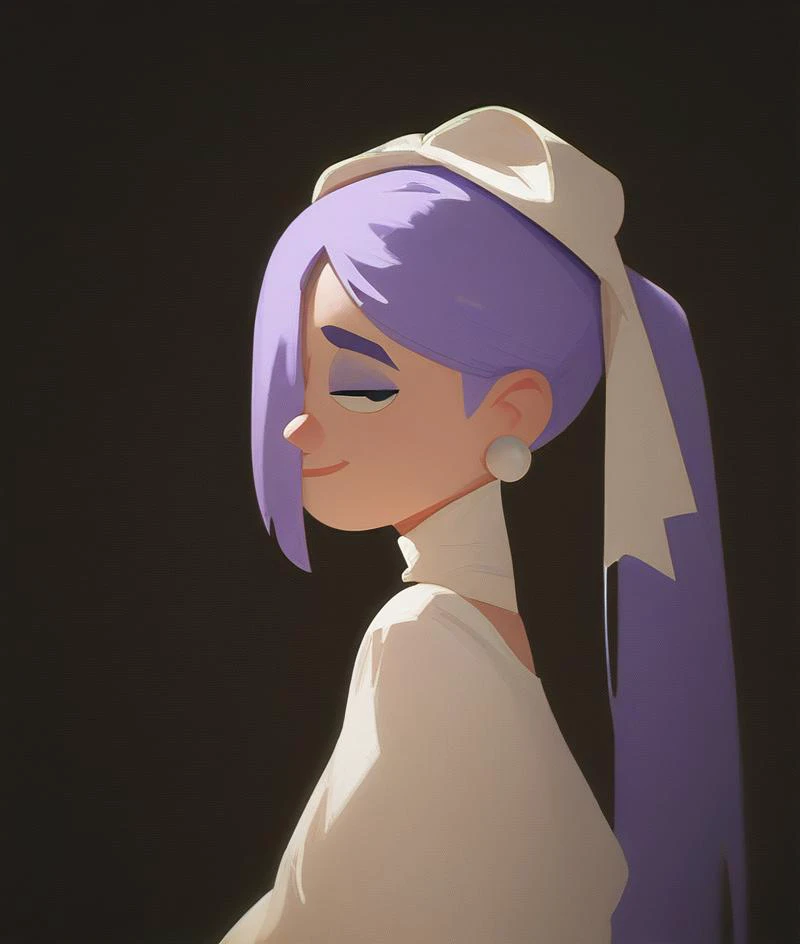 a close up of a cartoon girl with purple hair and a white top