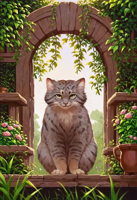 painting of a cat sitting on a window sill in a garden