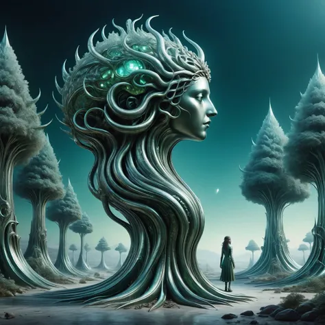 side view of a magnificent medusa walking in a alien landscape, illuminated crystal trees, ais-steelz, very detailed, intricate, Georgian colour palette <lora:Brushed_Steel_Style_SDXL:0.75>