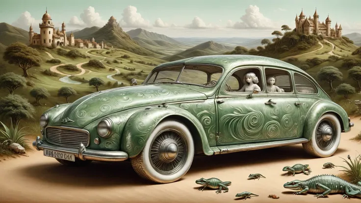 damaged Surrealist painting, (peeling paint on sandpaper:1.2). A grotesque mature female porcelain doll hatching from a (British racing green:0.5) Lizard in a decrepit summer landscape, hills. (Large patches of broken paint reveal a world of vintage car). ...