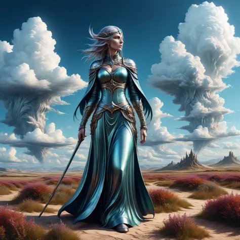 ais-steelz, side view of a magnificent sorceress standing in a prairie landscape, glowing plasma mammatocumulus clouds, very detailed, intricate, Mediterranean colour palette <lora:Brushed_Steel_Style_SDXL:0.75>