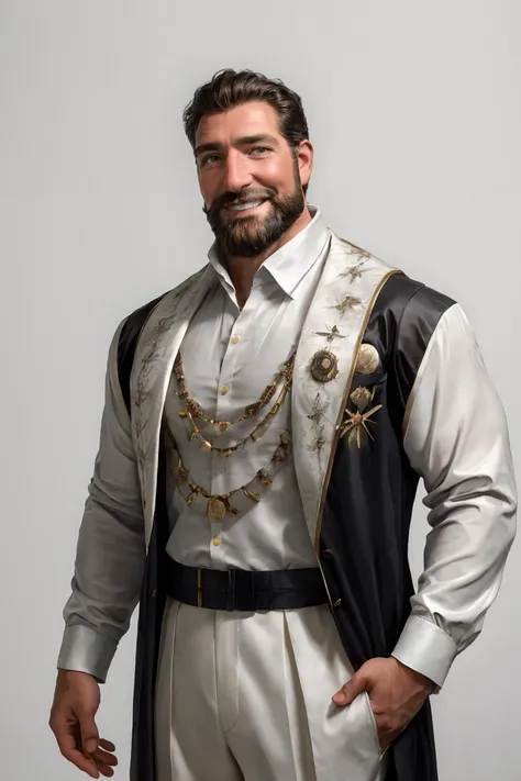 (RAW photo), <lora:King_Frederic_Lora:0.6>, black suit jacket, white dress shirt, muscular dilf, King Frederic, beard, (short hair:0.9), medium shot, white background, smile