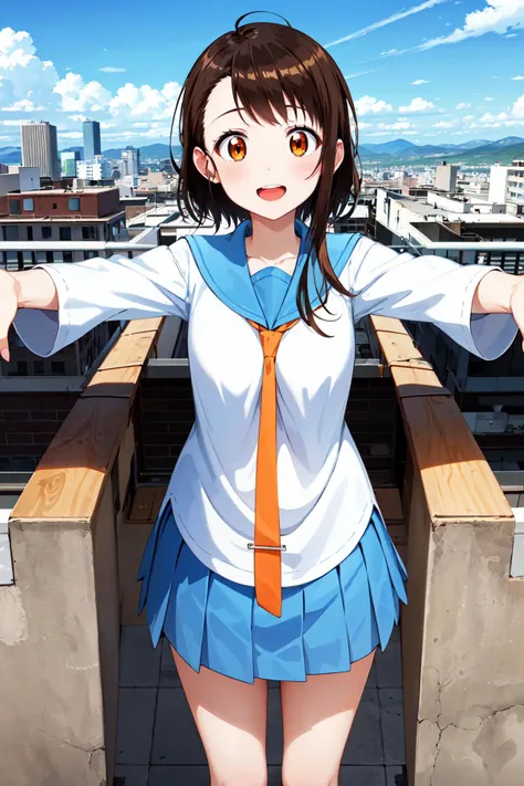 anime girl in a blue and white uniform standing on a balcony