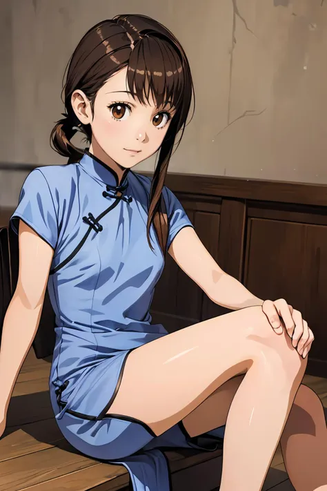 anime girl sitting on a bench with her legs crossed