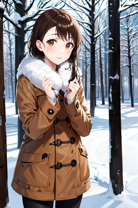 masterpiece, best quality, highres, aakosaki, brown hair, sidelocks, <lora:onodera_kosaki_v2:0.7>, winter clothes, snow, outdoors, standing, cowboy shot,