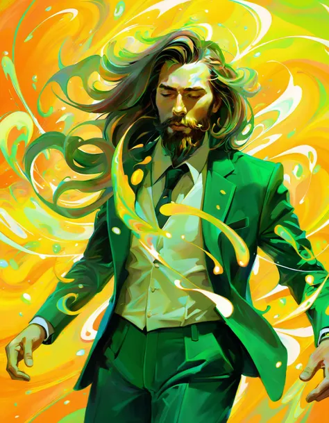 Ethereal Man Amidst Cosmic Swirls, digital art, man, beard, long hair, green suit, dynamic, swirling lights, orange and yellow hues, ethereal, abstract shapes, intense emotion, digital brush strokes, motion, surreal atmosphere, vibrant colors, glowing effe...