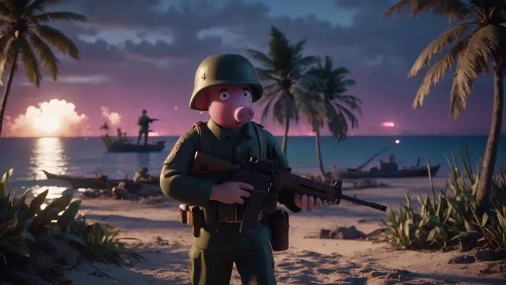 cinematic scene from the bay of pigs invasion in cuba 1961, peppa pig as a soldier of the Cuban Revolutionary Armed Forces holding a rifle, looking towards the sea with invading boats at night. Background shows a beach with palm trees, high details, high c...