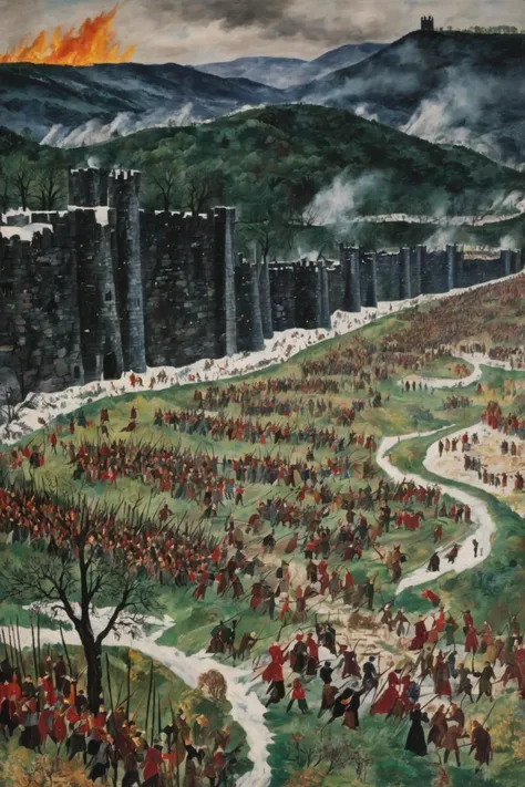 grandma moses style rendition of The Battle of Helms Deep