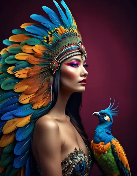 breathtaking vibrant award-winning photograph, Photograph an extraordinary creature, a graceful fusion of woman and bird, adorned with a beak and stunning, shimmering multicolored feathers. Showcase the seamless integration of these elements in an enchanti...