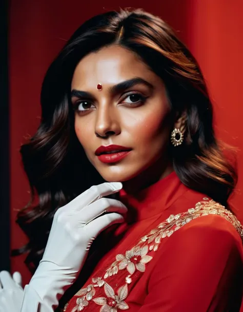 A close-up photograph of Deepika Padukone looking into a camera lens, wearing a red dress and white gloves, set against a black background, reminiscent of Andy Warhols celebrity portraits