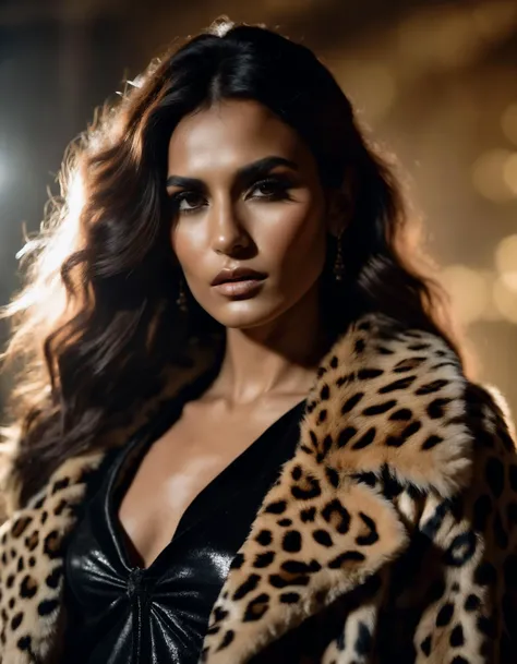 a character photo portrait of a Pathan woman with brunette hair Showcasing an oversized, faux fur coat with a bold animal print, layered over a body-hugging mini dress, unsplash, light and space, dramatic light on face, realistic face moody lighting, light...