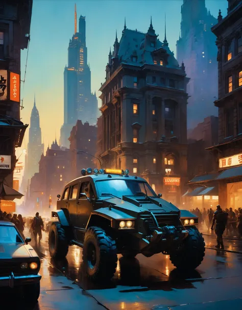 Citizenry bustling streets, tall buildings, mechanical vehicles, nighttime glow, reminiscent of the work of Frank Frazetta