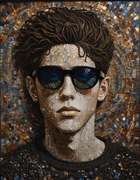 Abstract Painting comic a young man as a ((fashion model)) with ((shaved sides hair)) wearing (sunglasses) inside a virtual reality dive bar, rim light, iridescent accents, broad light, mood lighting, epic composition, (noir:0.4), (intricate details:1.12),...