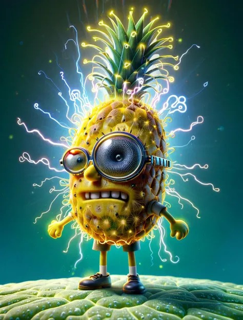 dvr-wwyt double exposure, cartoon spongebob squarepants, thinking of electric pineapple