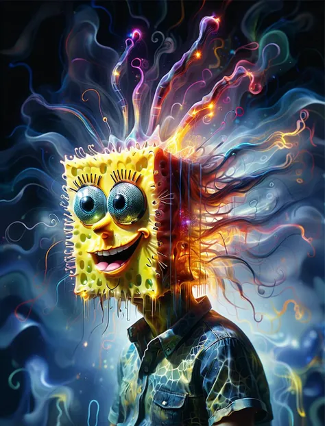 painting of spongebob with a crazy hairdo and a weird face