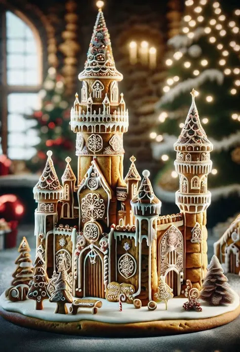 a close up of a ginger castle with a christmas tree in the background