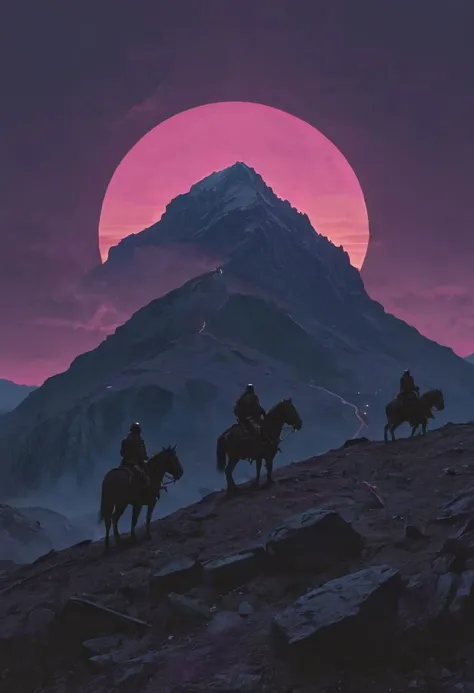 a group of people riding horses on a rocky hill under a pink sky